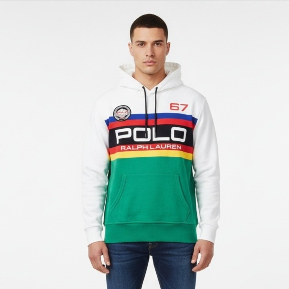 Polo Ralph Lauren Hoodie Mens S Color Block White Preppy Loud Sweater Racing